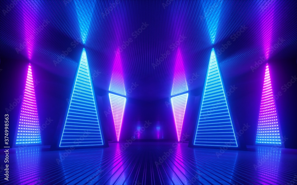 3d render, abstract neon background with pink and blue triangles ...