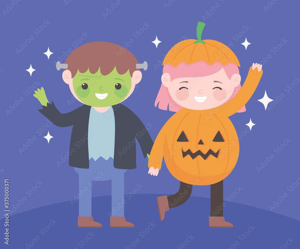 happy halloween, boy and girl zombie and pumpkin costume character, trick or treat party celebration happy halloween, boy and girl zombie and pumpkin costume character, trick or treat party celebration