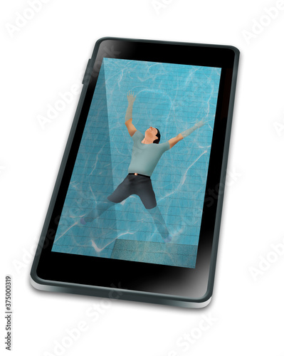 A man is seen floating on a cell phone filled with water as if it were a swimming pool. It illustrates being immersed in his cell phone. photo