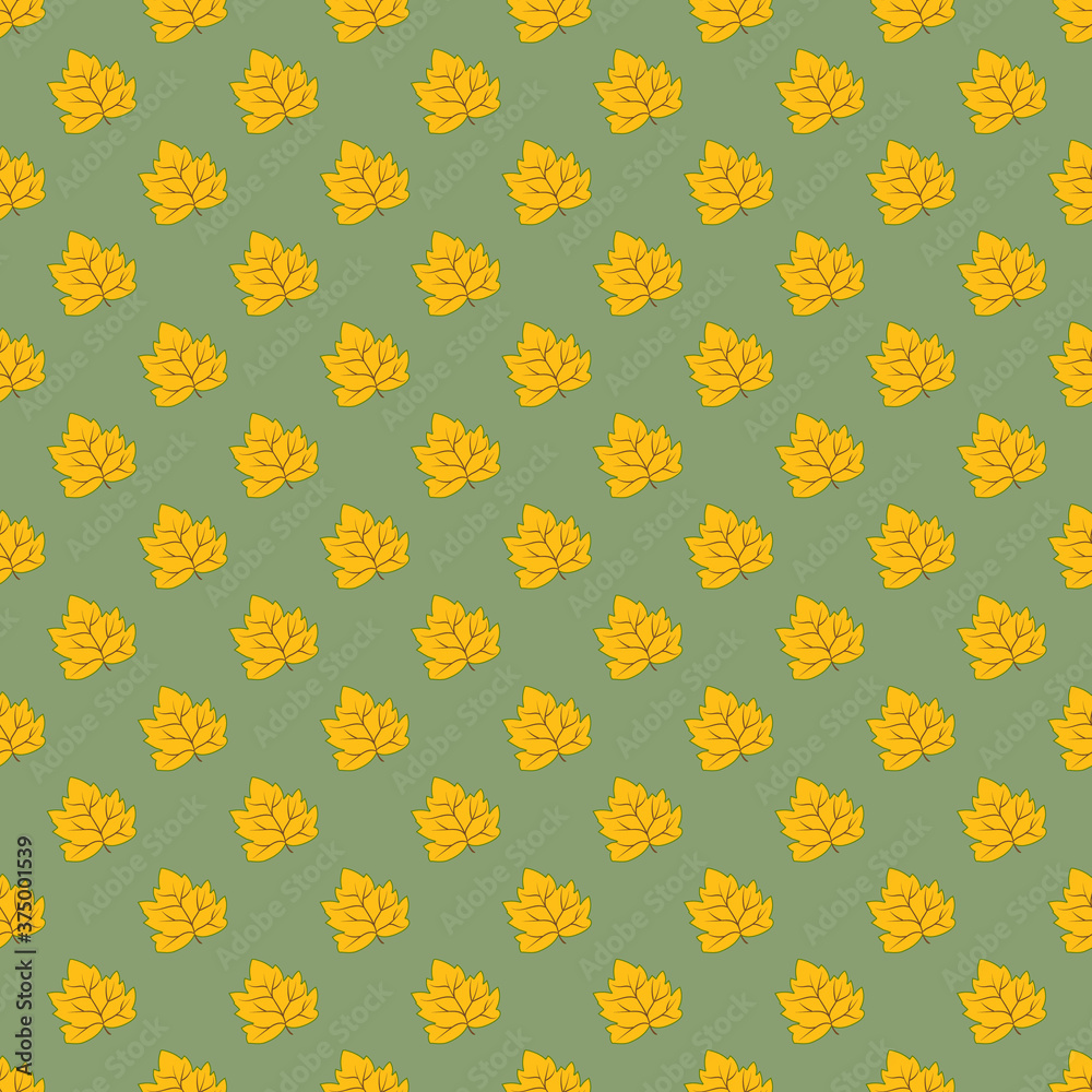 Seamless autumn pattern with cartoon style doodle orange pumpkin leaves on earthy green background. Fall forest backdrop for gift wrapping paper scrapbook kids crafts