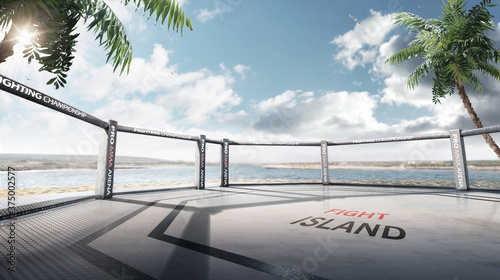 Fight island. Fighting Championship. Location of the MMA tournament on the Yas island Abu Dhabi. Octagon on the island. Panorama