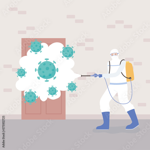 virus disinfection, man in hazmat suit cleaning and disinfecting coronavirus cells pandemic, preventive measure