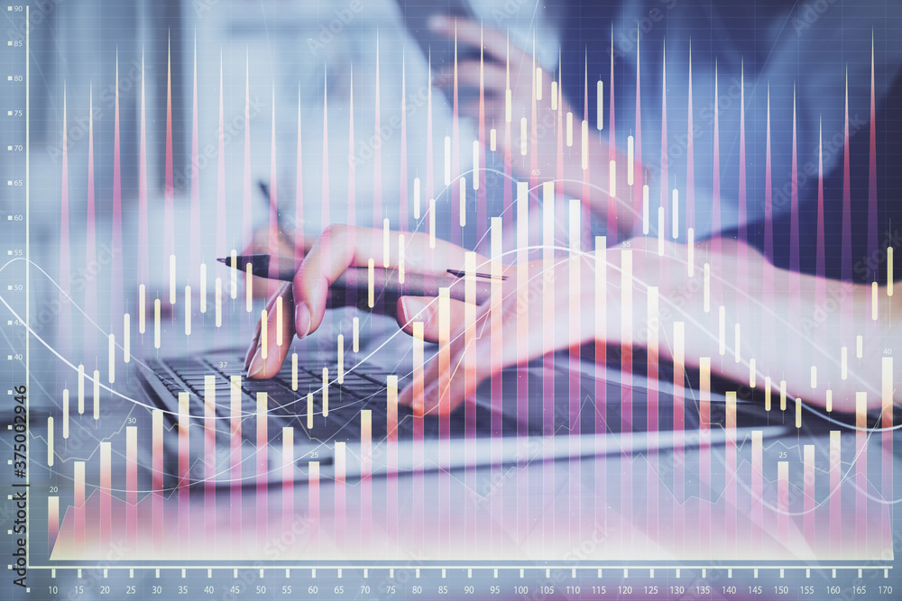 Multi exposure of woman hands typing on computer and financial graph hologram drawing. Stock market analysis concept. Multi exposure of woman hands typing on computer and financial graph hologram drawing. Stock market analysis concept.
