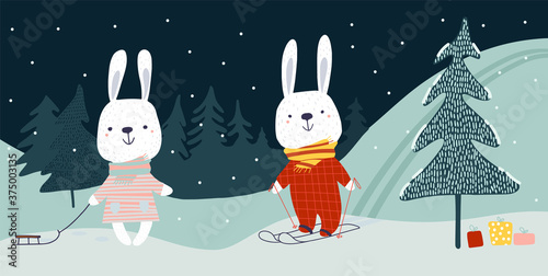 Christmas Winter night forest landscape with Cute Hares. Kids characters with skis and sledges. Christmas tree in the snow and gifts. Hand Drawn Vector illustration scandinavian doodle style