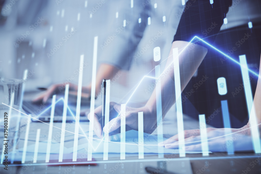 Multi exposure of woman hands typing on computer and financial chart hologram drawing. Stock market analysis concept. Multi exposure of woman hands typing on computer and financial chart hologram drawing. Stock market analysis concept.