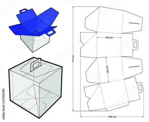 Panettone Box with handle and Die-cut Pattern. The .eps file is full scale and fully functional. Prepared for real cardboard production.