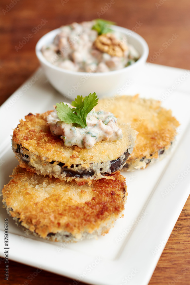 Breaded Eggplant with Spicy Walnut Yogurt Sauce Breaded Eggplant with Spicy Walnut Yogurt Sauce