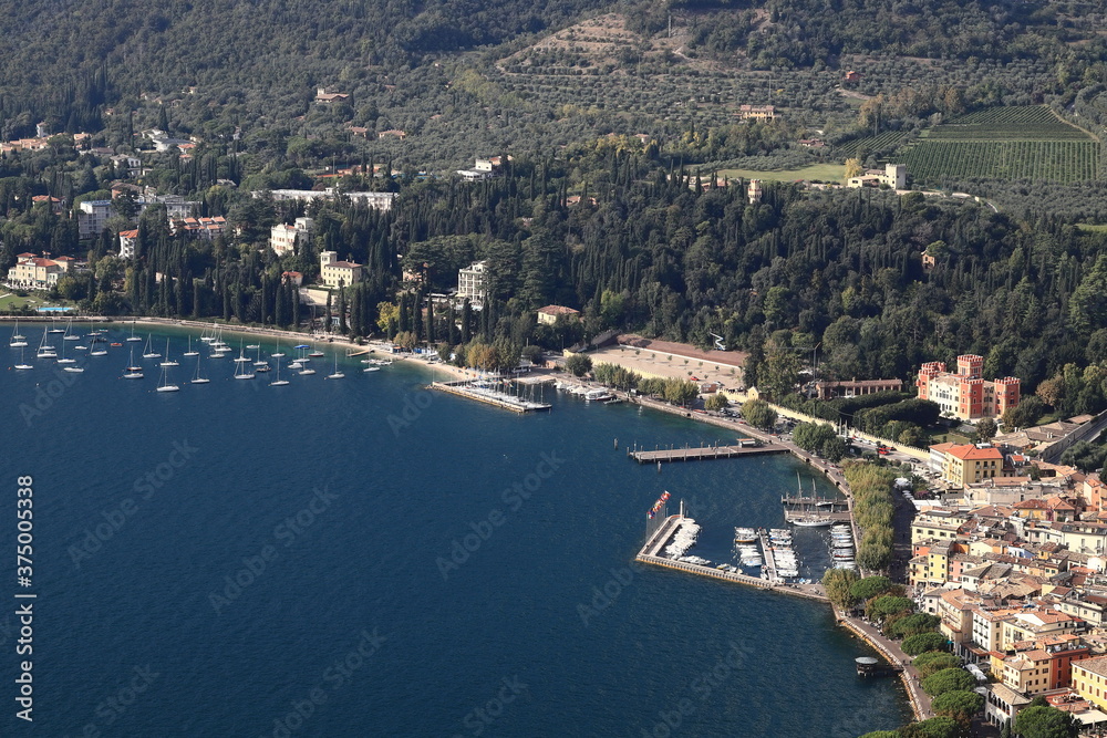 An aerial view from Rocca across the town of Garda.  Garda is a town on the edge of Lake Garda in North East Italy and Rocca is a large hill overlooking the town.