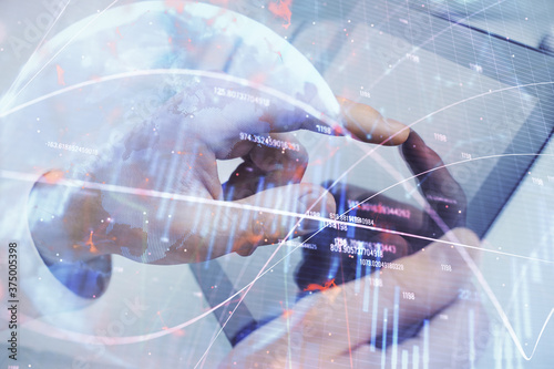 Multi exposure of man's hands holding and using a phone and financial chart drawing. Market analysis concept.