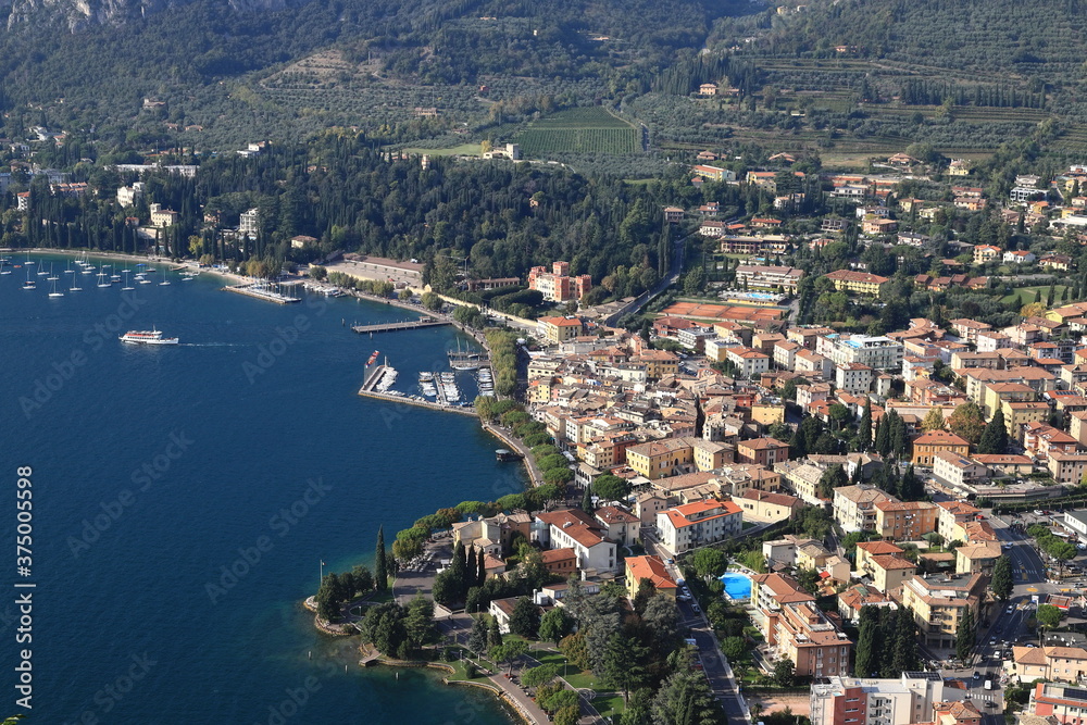 Garda View.  An aerial view from Rocca across the town of Garda.  Garda is a town on the edge of Lake Garda in North East Italy and Rocca is a large hill overlooking the town.