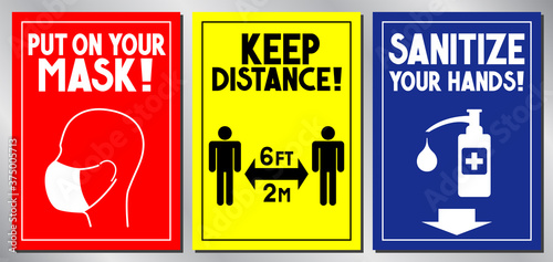 Face mask required, distance, sanitize - Covid-19, SARS-CoV-2 virus - vector illustration