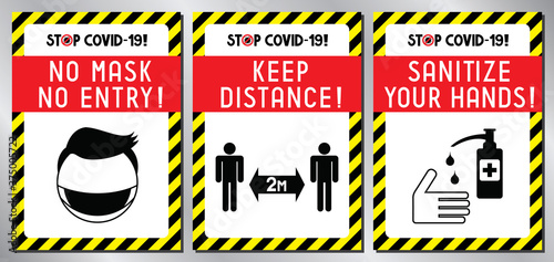 Face mask required, distance, sanitize - Covid-19, SARS-CoV-2 virus - vector illustration