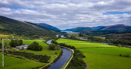 aerial drone footage of summer in gairlochy near fort william on the caledonian canal in the argyll region of the highlands of scotland showing the mountains of glencoe and the surrounding region