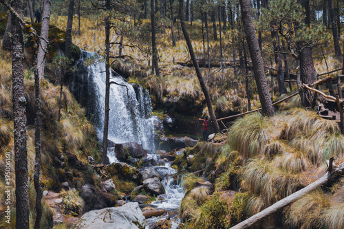 A group of friends having fun and taking selfies in front of a waterfall photo