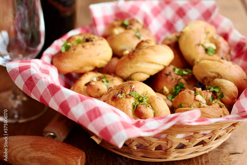 Garlic knots and wine photo