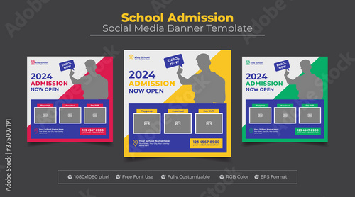 School education admission social media post and web banner with three color variation template