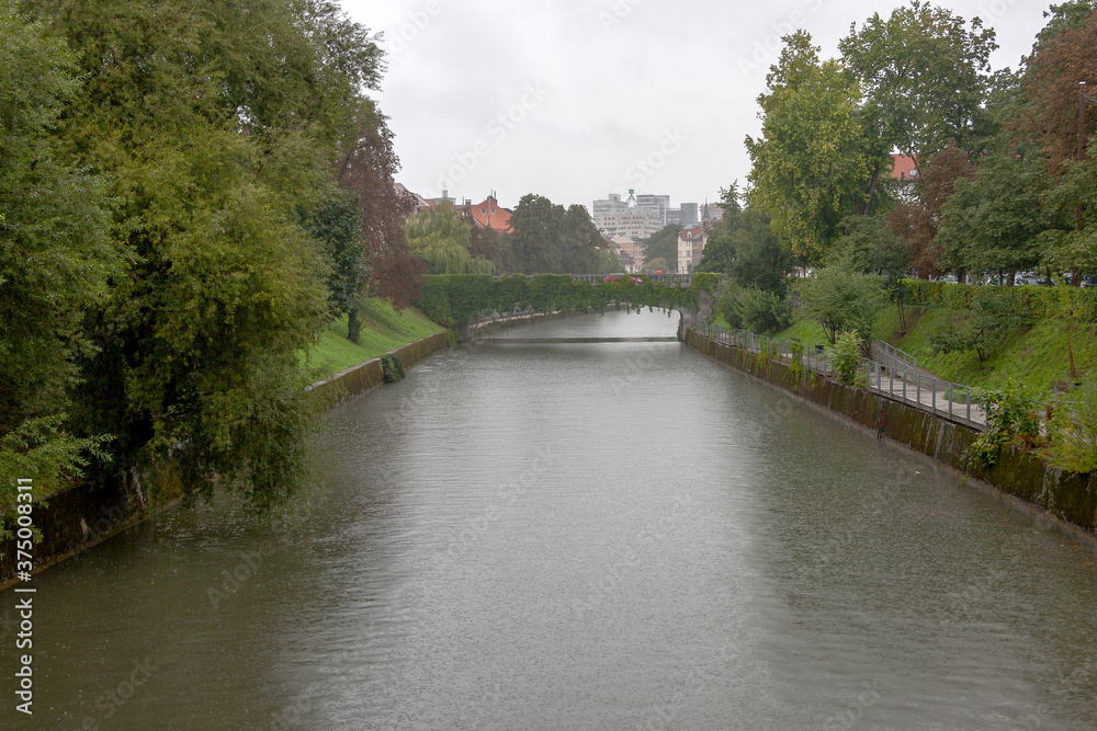 The river in old town Ljubljana on a rainy day