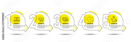 Infographic timeline with icons and 5 steps. Buying process with numbers. Infographics business concept. Online buying plan, presentation timeline process, arrow path. Business journey process. Vector