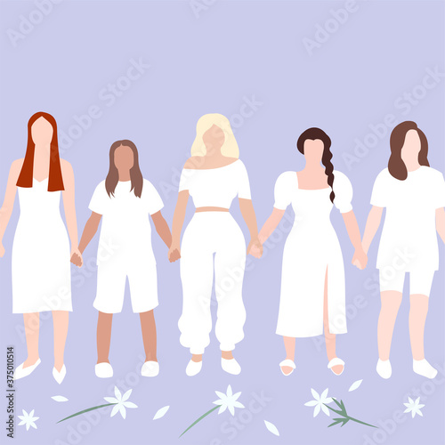 Peaceful Protests in Belarus. Women in white standing in a chain against police brutality and violence. Concept for female power and fight against dictatorship, repressions and sexism in Belarus.