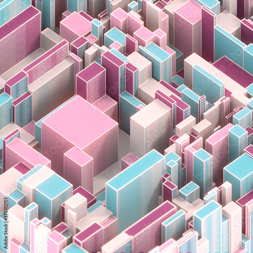 Multi colored futuristic city geometry in modern style. 3d render urban concept