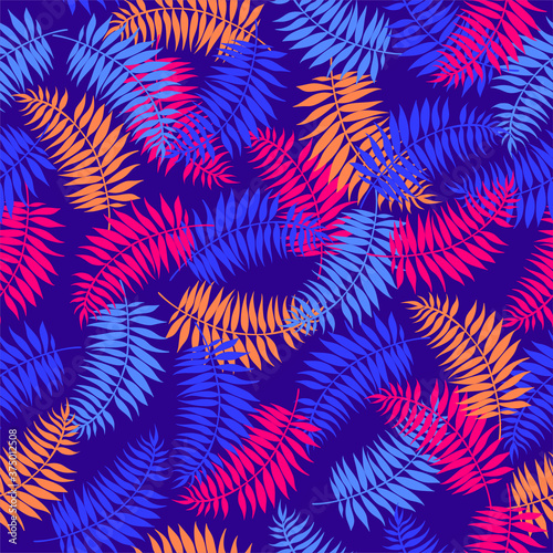 Fashionable seamless tropical pattern with bright plants and leaves. Beautiful exotic plants. Trendy summer Hawaii print. Colorful stylish floral. Vector illustration.