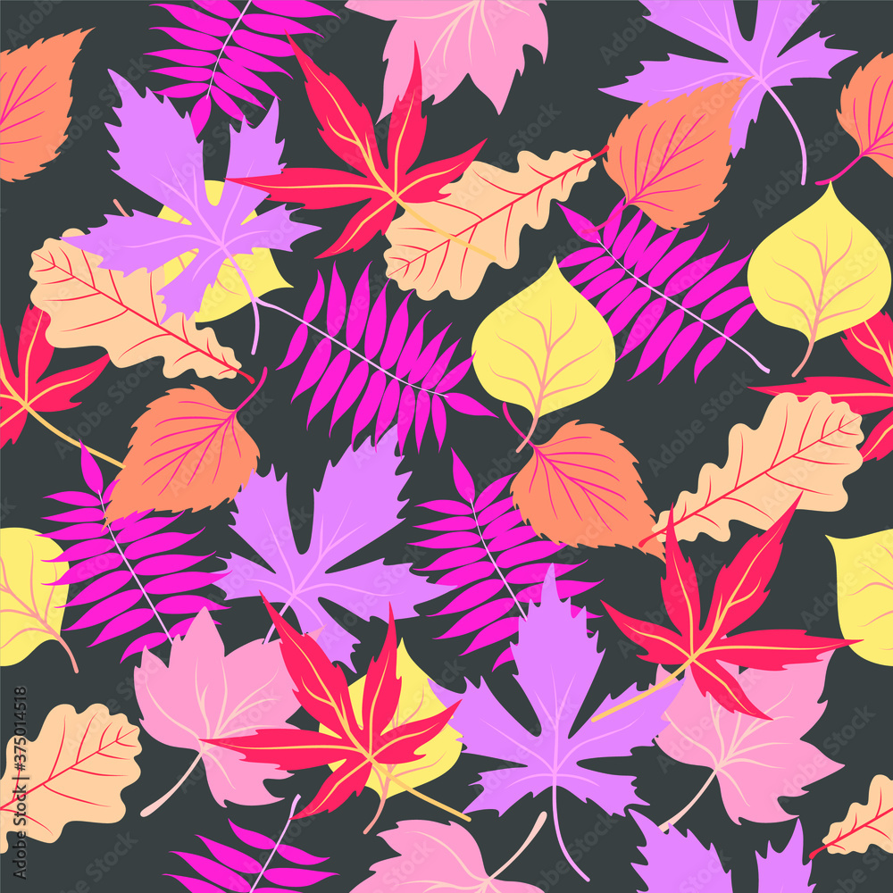 Seamless pattern of autumn leaves. Autumn nature pattern on dark background. Decorative leaves vector illustration. Cute forest background.