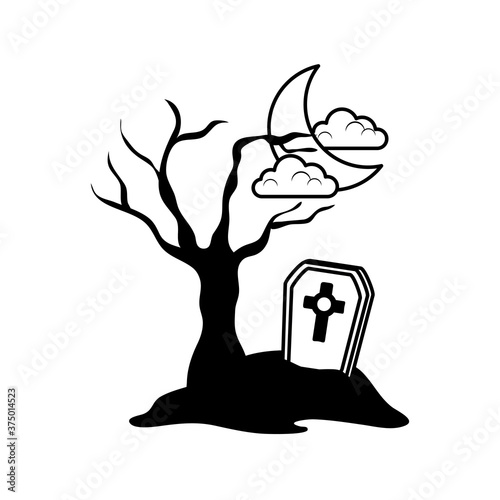 happy halloween, tombstone ground dry tree nihgt moon clouds, trick or treat celebration line icon style photo