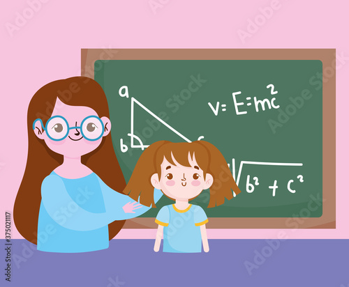 happy teachers day, teacher and student girl blackboard with lesson maths