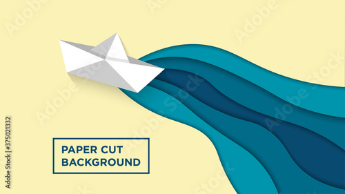 Flat lay paper art of sailing boat vector illustration, good for abstract background,wallpaper and backdrop