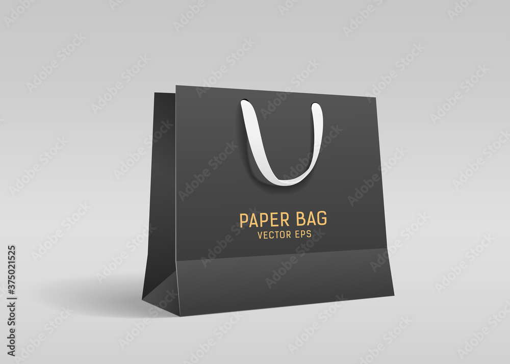 Black paper bag, with black cloth handle design, template on gray background Eps 10 vector illustration