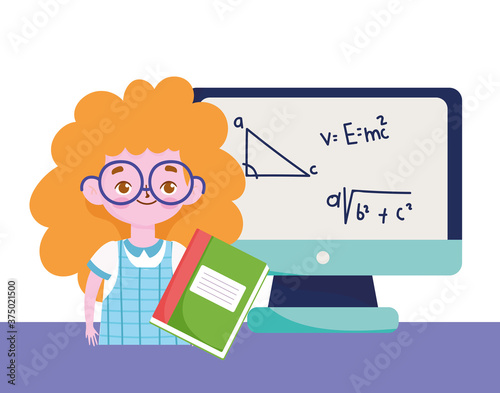 happy teachers day, student girl book computer lesson learn
