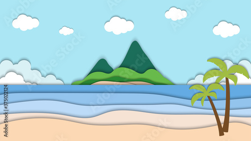 landscape of beach and mountain paper cut vector illustration, good for abstract background,wallpaper and backdrop