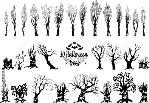 Set of spooky Halloween tree cartoon. Spooky trees silhouette collection of Halloween vector isolated on white background. scary, haunted and creepy curly plant element.