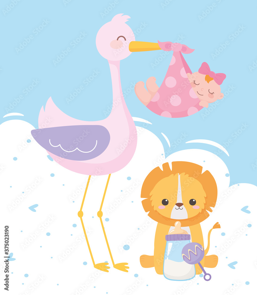 baby shower, stork with baby girl and little lion sitting with rattle bottle milk, celebration welcome newborn