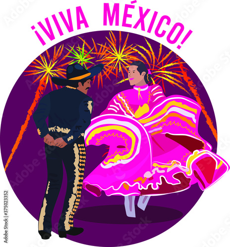Couple dancing traditional mexican dance, and text in spanish: Long live Mexico 