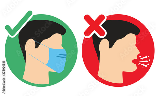 Circle icons of a man wearing a mask with a tick and a man with no mask coughing with a cross during covid-19