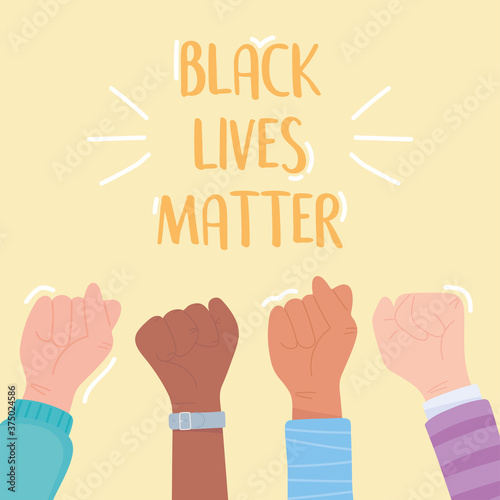 black lives matter banner for protest, raised hands support awareness campaign against racial discrimination