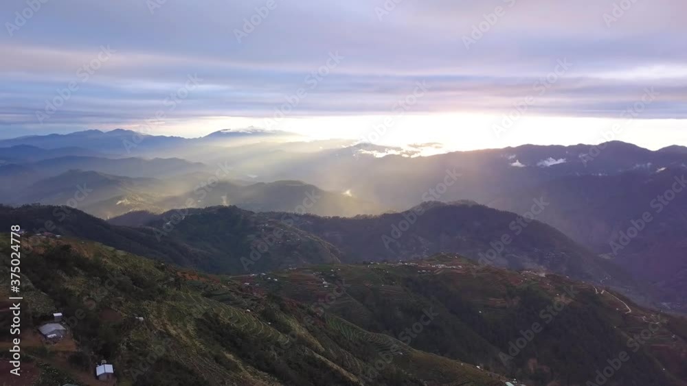 Aerial View from Drone to Mountain Rice Terraces Sun Rays Aerial 4k Aerial View from Drone to Mountain Rice Terraces Sun Rays Aerial 4k