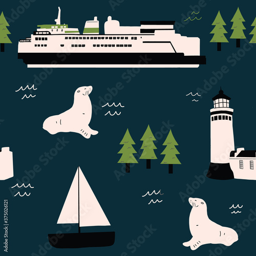 Fototapet Pacific Northwest Ocean Pattern Seamless repeat hand drawn ferry seal and lighth