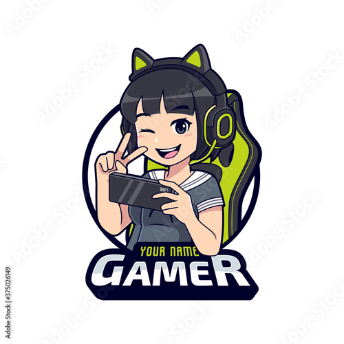 Cute gamer character mascot logo, Gamer girl cartoon esport logo template