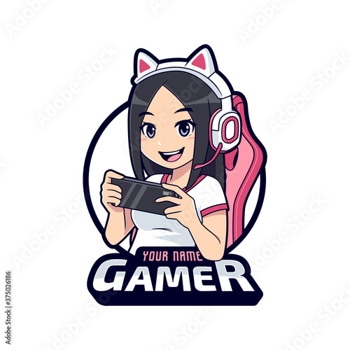 Cute gamer character mascot logo, Gamer girl cartoon esport logo template