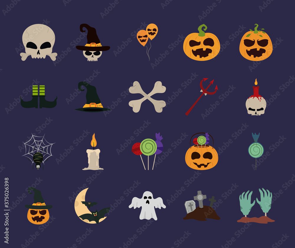 happy halloween, trick or treat celebration party october month flat icons style