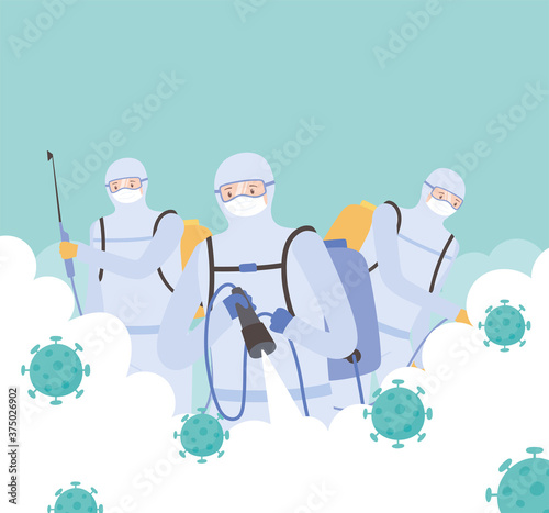 virus disinfection, men in protective suit spraying disinfectant to cleaning, covid 19 coronavirus, preventive measure