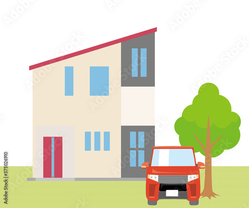 一戸建て、一軒家のイラスト（二階建）と車、植木芝生の背景_マイホーム、ベクターデータHousing illustrations
