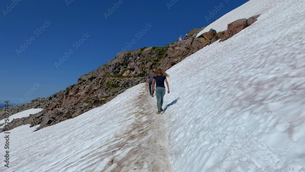 Teenager hikers on Skyline Trail at Paradise region of Mount Rainier National Park Teenager hikers on Skyline Trail at Paradise region of Mount Rainier National Park