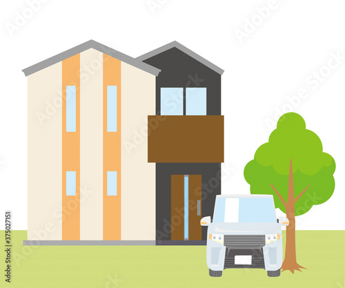 一戸建て、一軒家のイラスト（二階建）と車、植木芝生の背景_マイホーム、ベクターデータHousing illustrations

