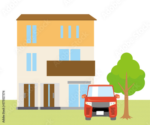 一戸建て、一軒家のイラスト（三階建二世帯住宅）と車、植木芝生の背景_マイホーム、ベクターデータHousing illustrations
