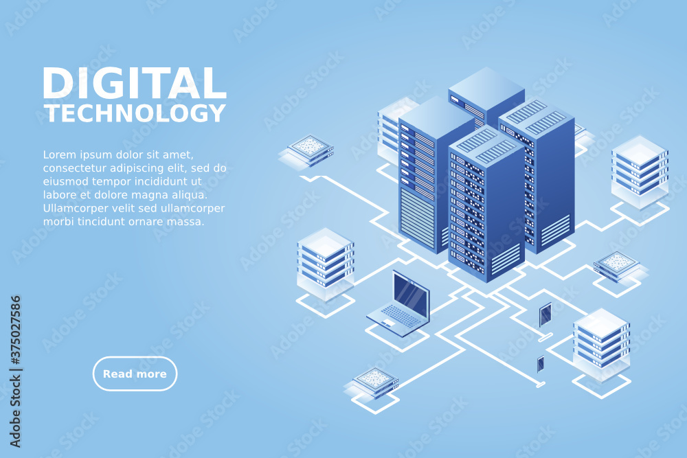 Concept of data network management .Vector isometric map with business networking servers computers and devices.Cloud storage data and synchronization of devices.3d isometric style