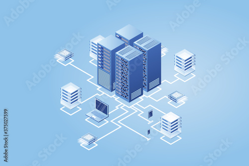 Concept of data network management .Vector isometric map with business networking servers computers and devices.Cloud storage data and synchronization of devices.3d isometric style