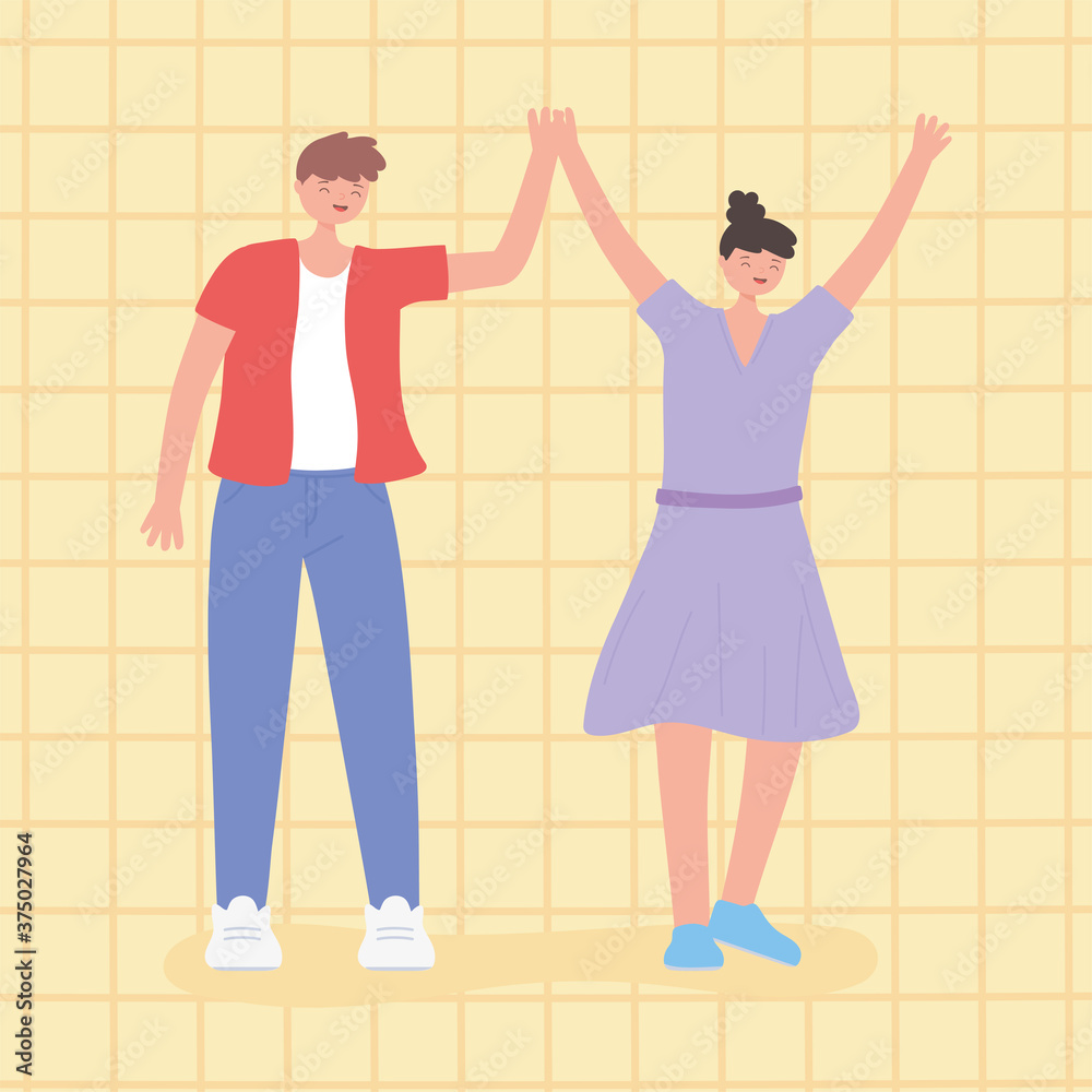 Obraz premium people together, man and woman hands up united, male and female cartoon characters